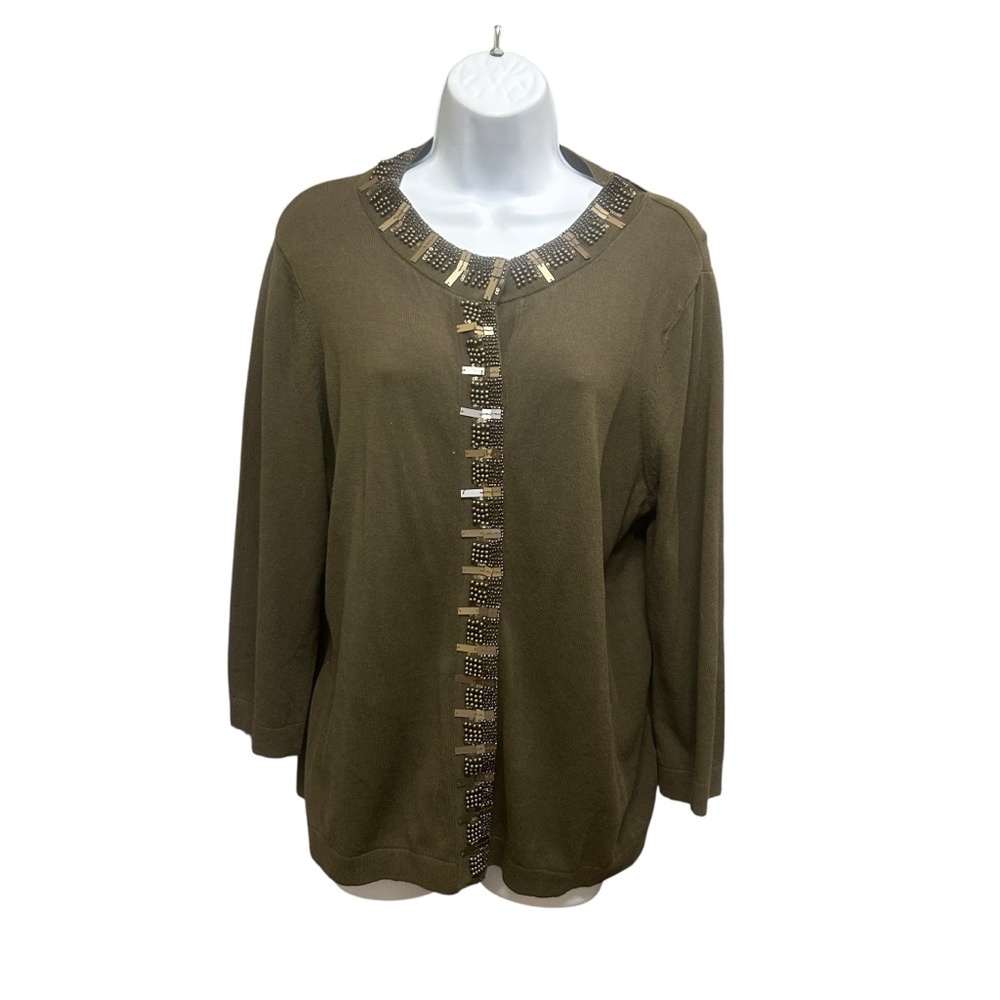 Anne Klein Green Beaded Trim Detail Hidden Snap Front Cardigan Size XL